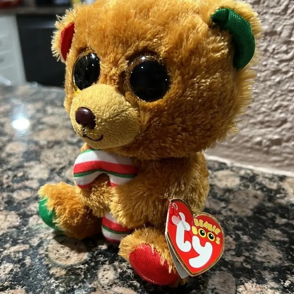 TY Silk Beanie Boos Retired Holiday Bella 2017 Plush Brown Bear Candy Can NWT